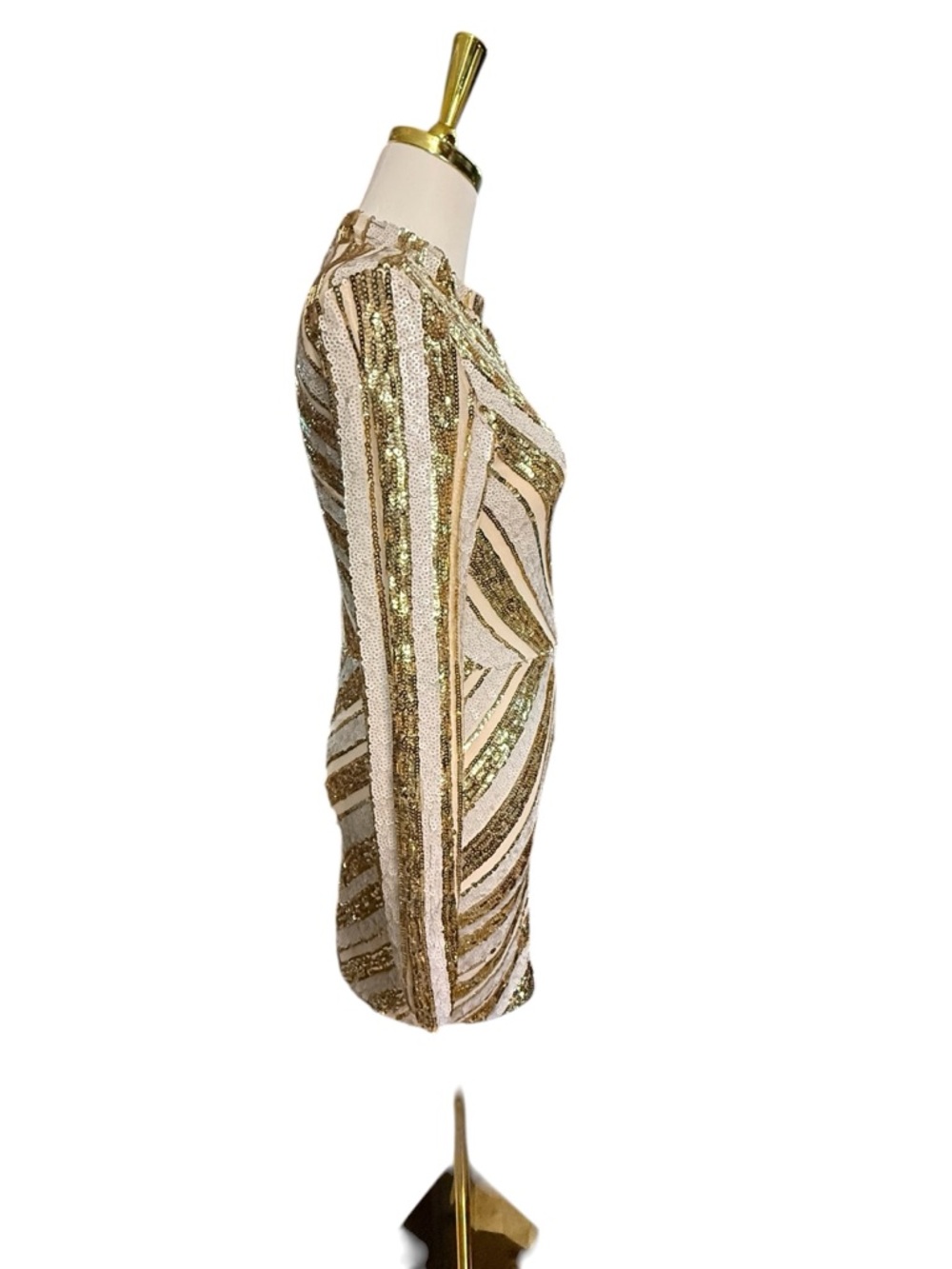 CBR Gold Cream & White Chevron Sequin Mini Bodycon Dress Size S (Size 2-4) - Picture 6 of 8
